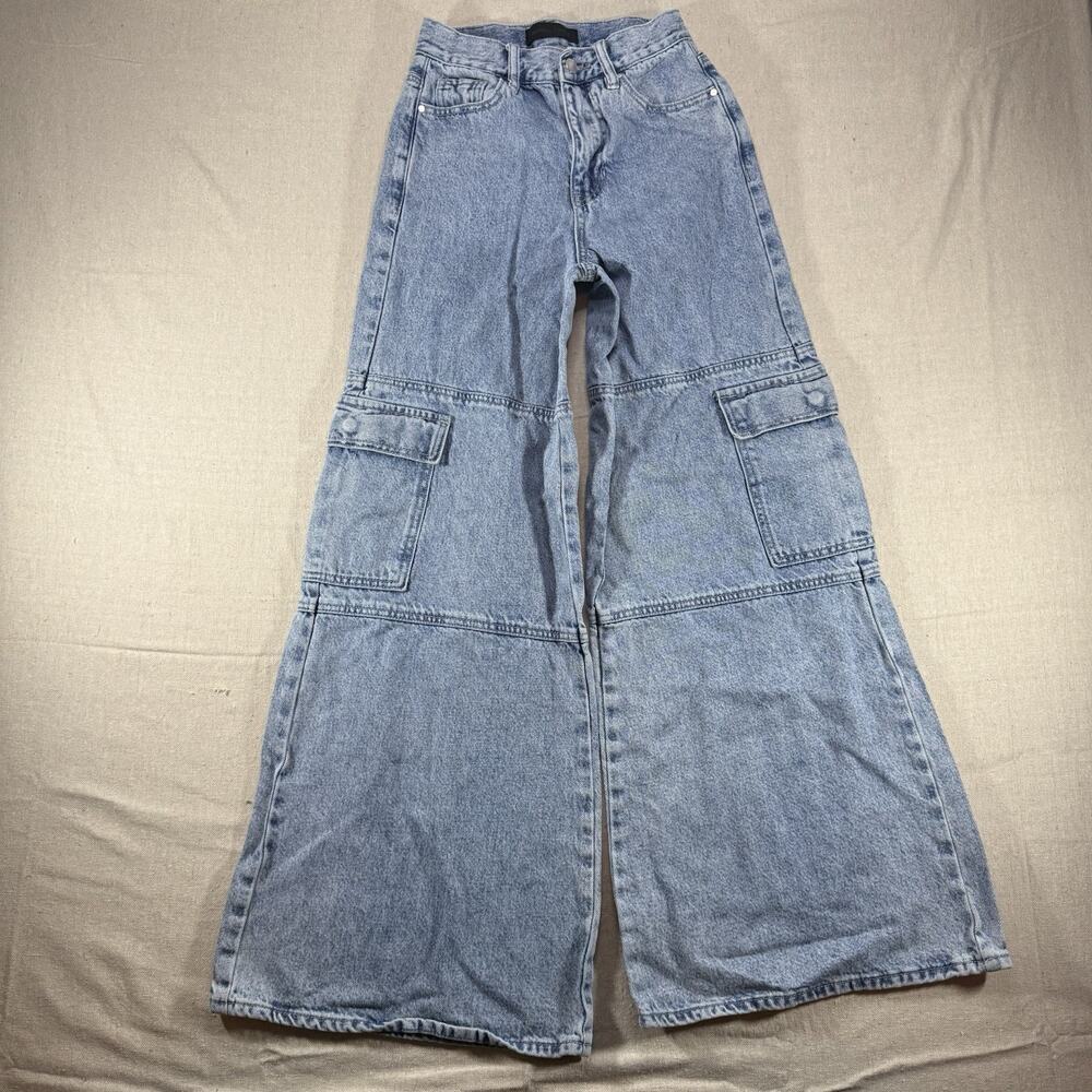 Kendall & Kylie Wide Leg Cargo Denim Jeans Light Wash High Waisted Flare 22W XXS
